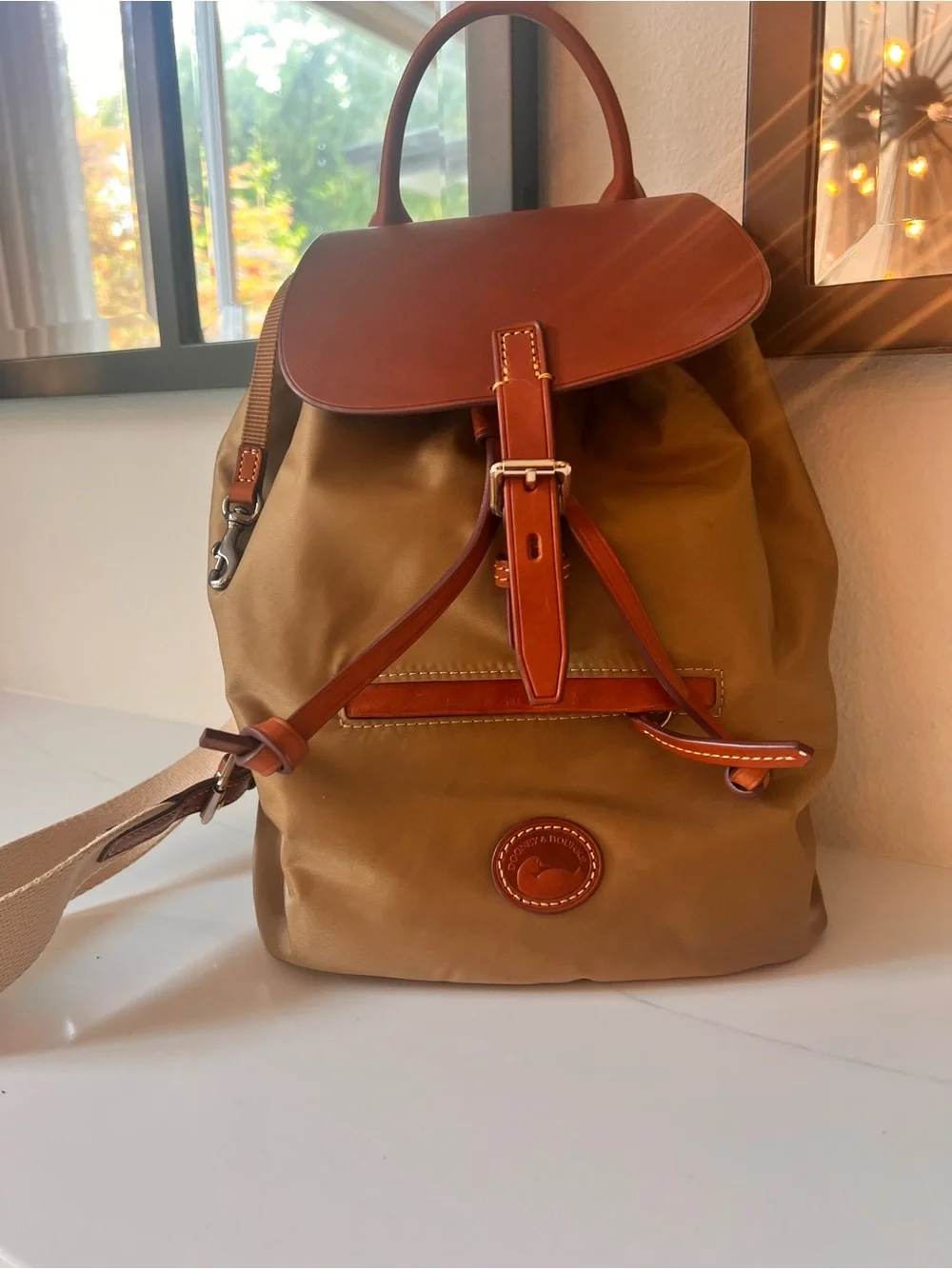 Dooney & Bourke Tan Olive Nylon and Brown Leather top  Old Money Style Backpack
